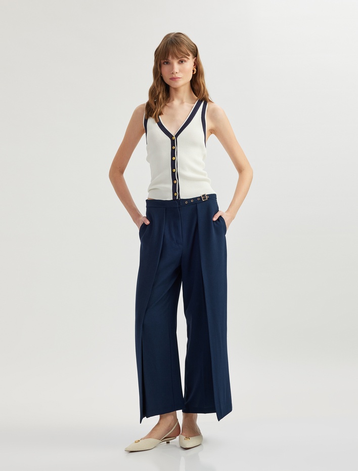  Krep Kumaş Bol Kalıp Kemerli Cepli Geniş Paça Pantolon