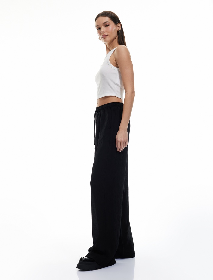  Beli Bağcıklı Geniş Paça Cepli Viskon Karışımlı Pantolon