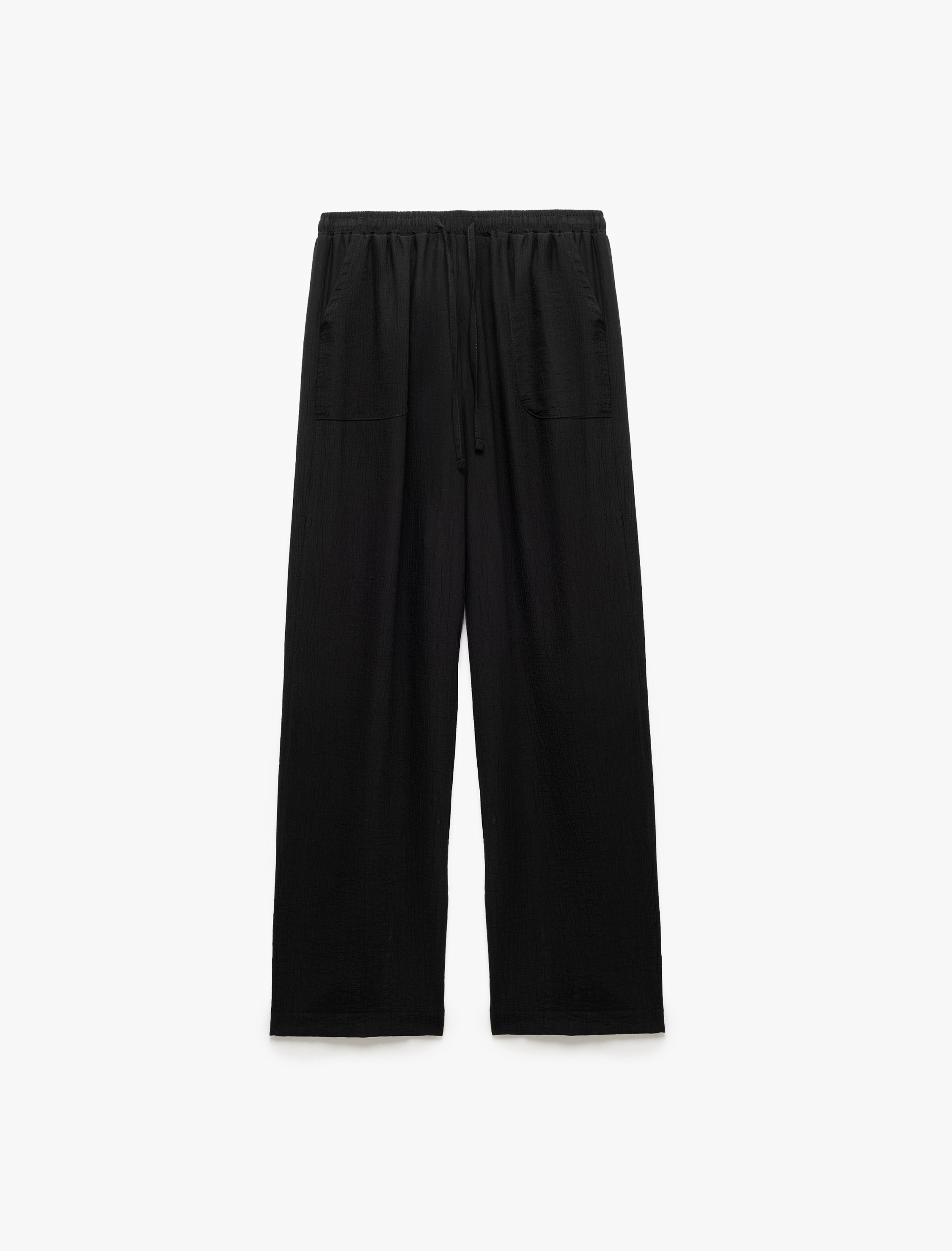   Beli Bağcıklı Geniş Paça Cepli Viskon Karışımlı Pantolon