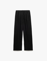 Beli Bağcıklı Geniş Paça Cepli Viskon Karışımlı Pantolon