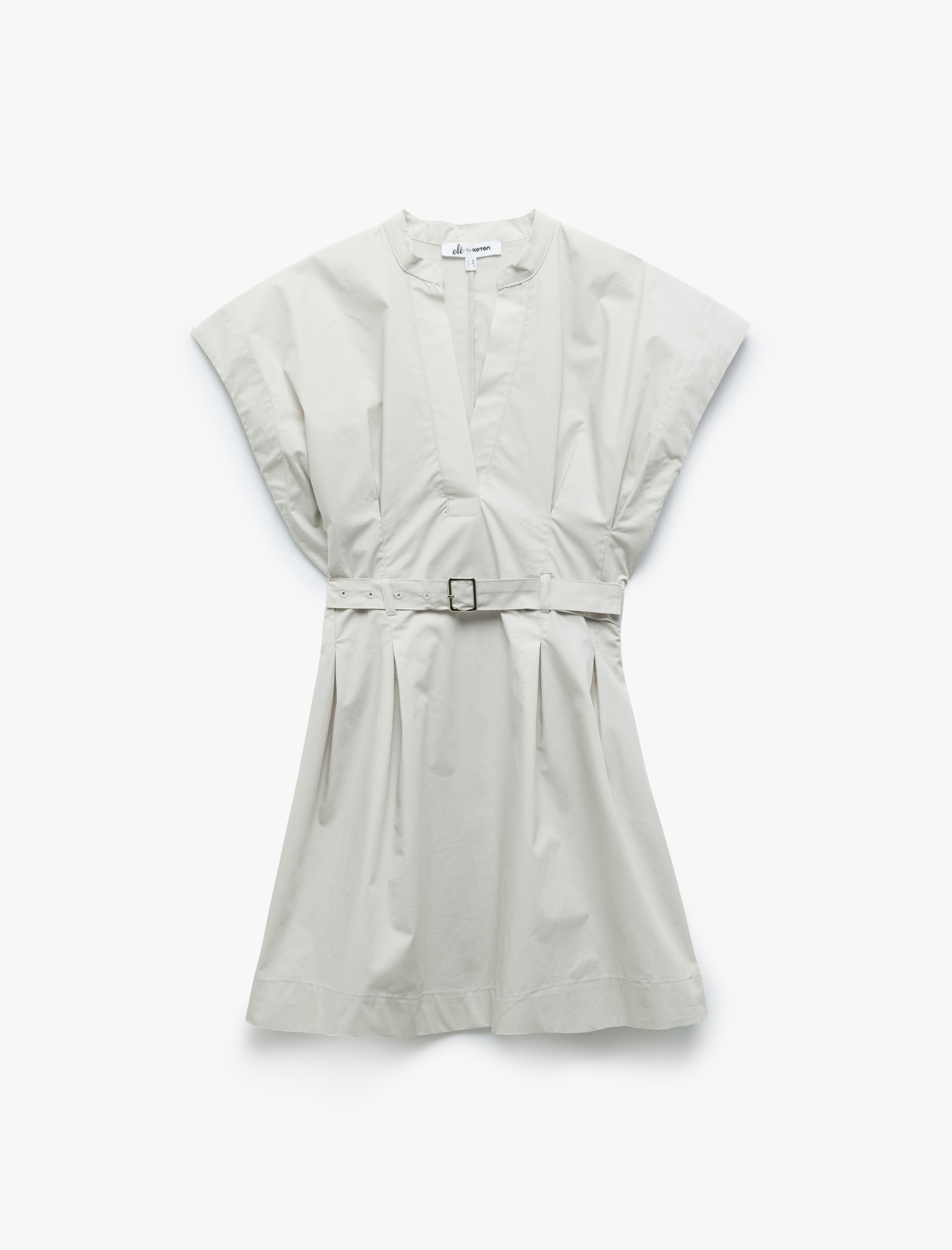   V Yaka Kısa Kollu Pamuklu A Kesim Kemerli Mini Elbise