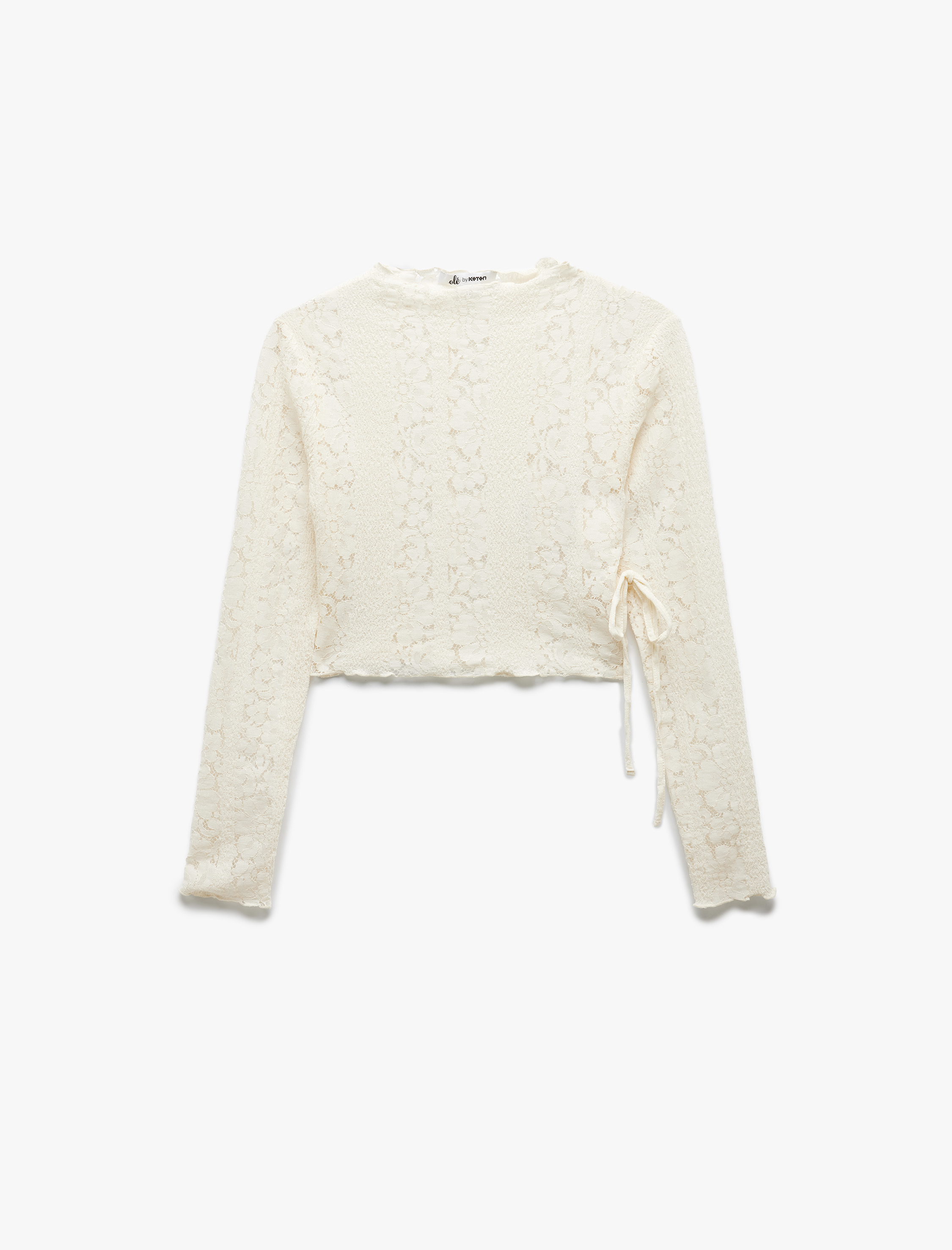   Dik Yaka Bağlama Detaylı Uzun Kollu Dantel Tişört