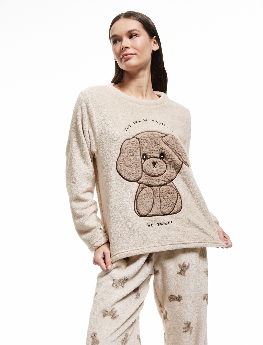   Köpek Desenli Peluş Polar Pijama Takımı