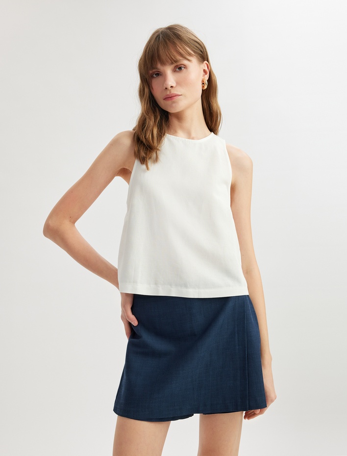  Keten Karışımlı Kruvaze Mini Şort Etek