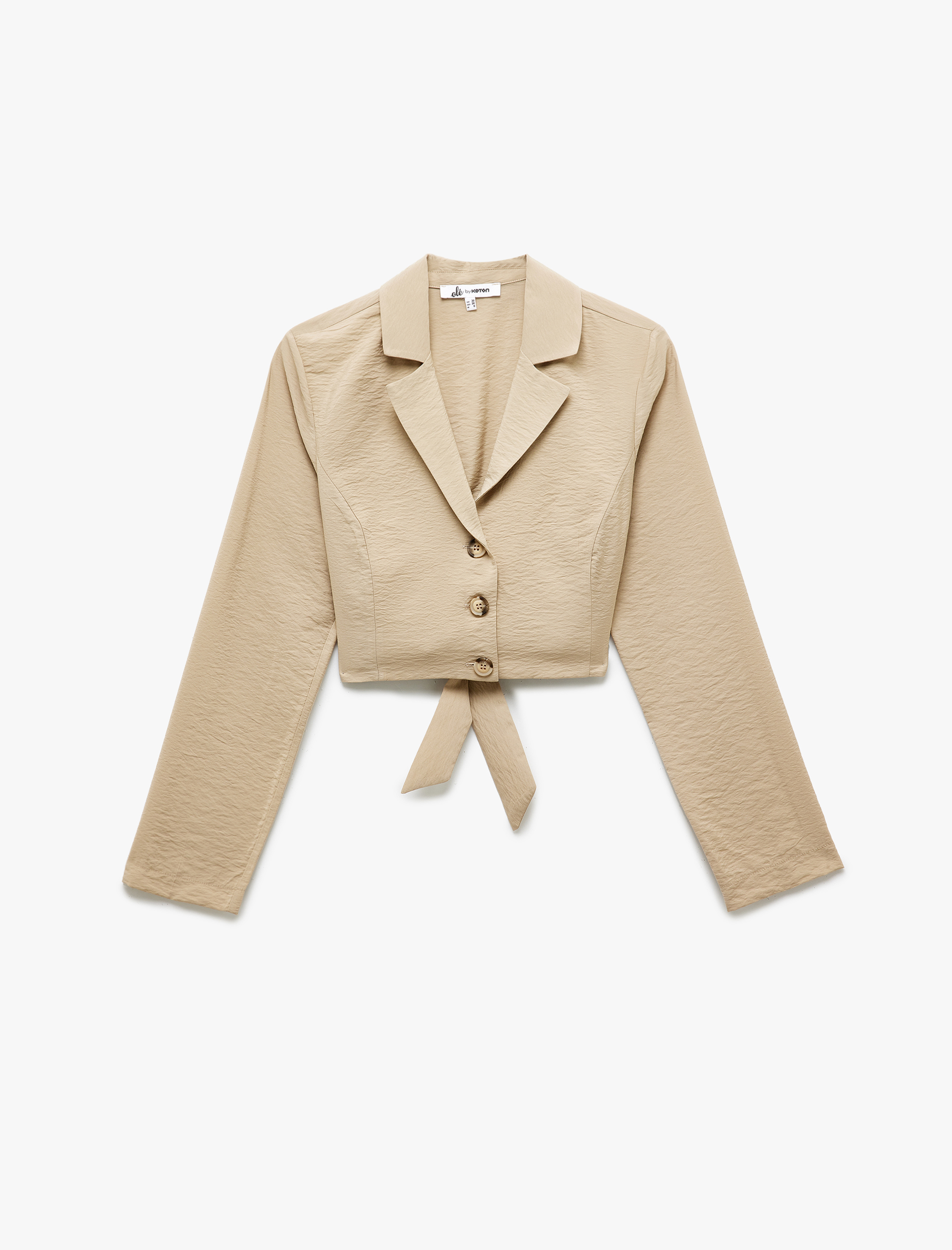   Düğmeli Uzun Kollu Bağlama Detaylı Viskon Crop Bluz