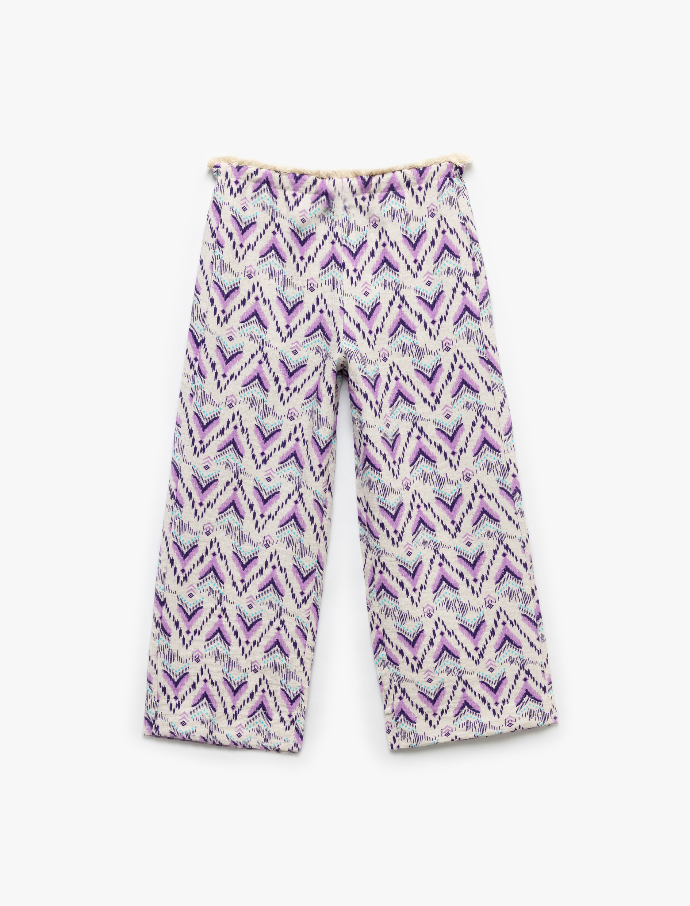  Kız Çocuk Viskon Beli Bağcıklı Desenli Düz Paça Pantolon