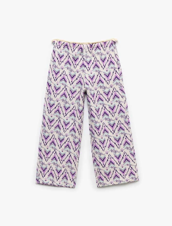 Kız Çocuk Viskon Beli Bağcıklı Desenli Düz Paça Pantolon