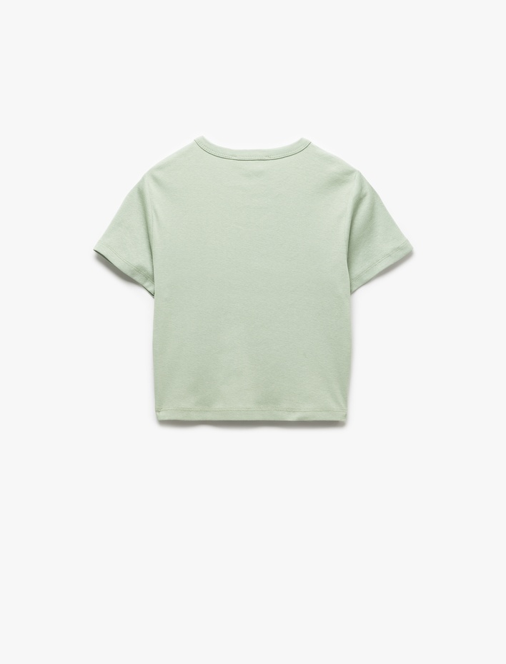  Baskılı Kısa Kollu Pamuklu Bisiklet Yaka Crop Tişört