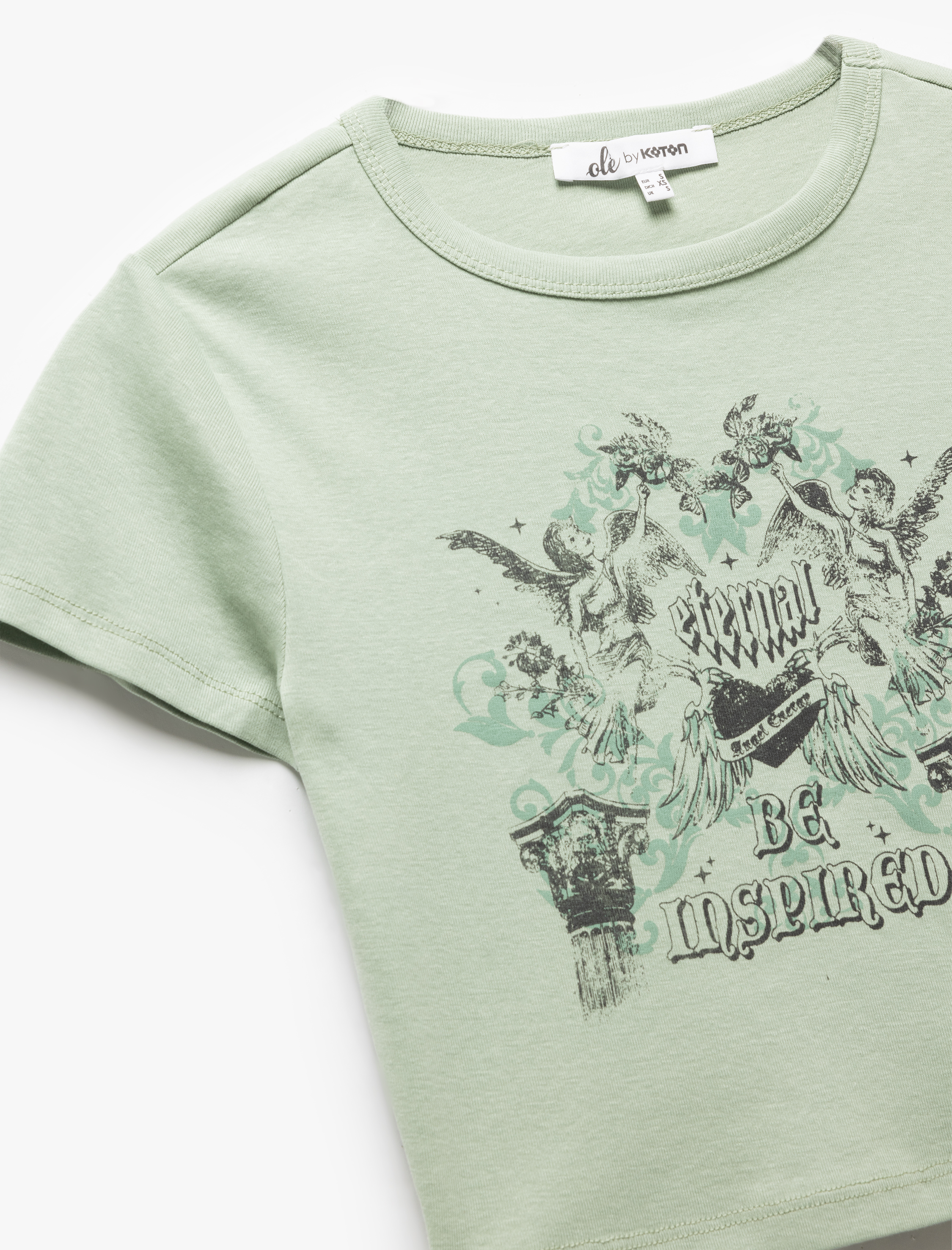   Baskılı Kısa Kollu Pamuklu Bisiklet Yaka Crop Tişört