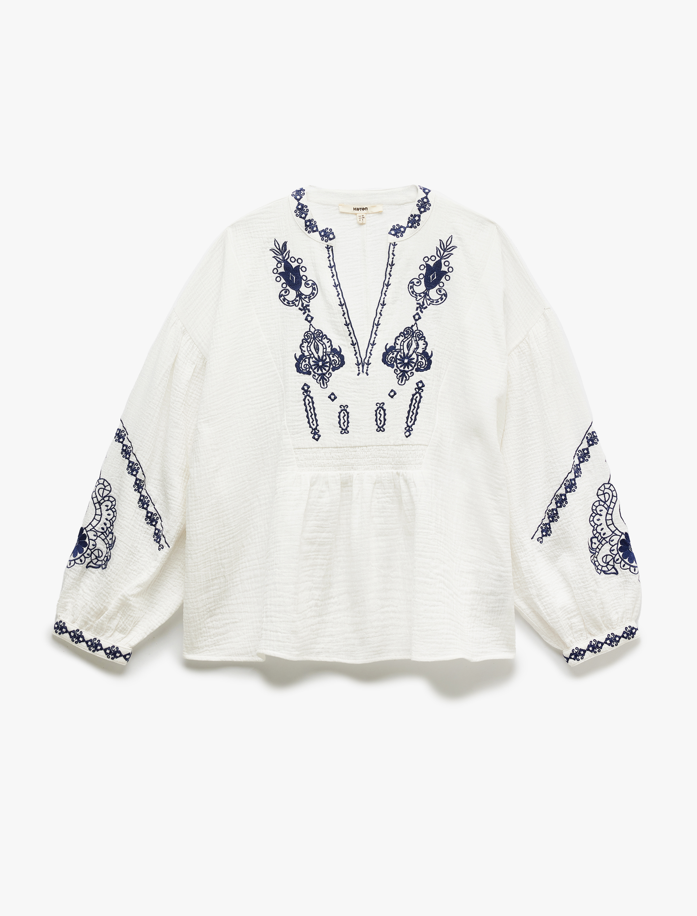 Pamuklu Etnik Desenli Nakışlı Mandarin Yaka 3/4 Balon Kol Müslin Bluz