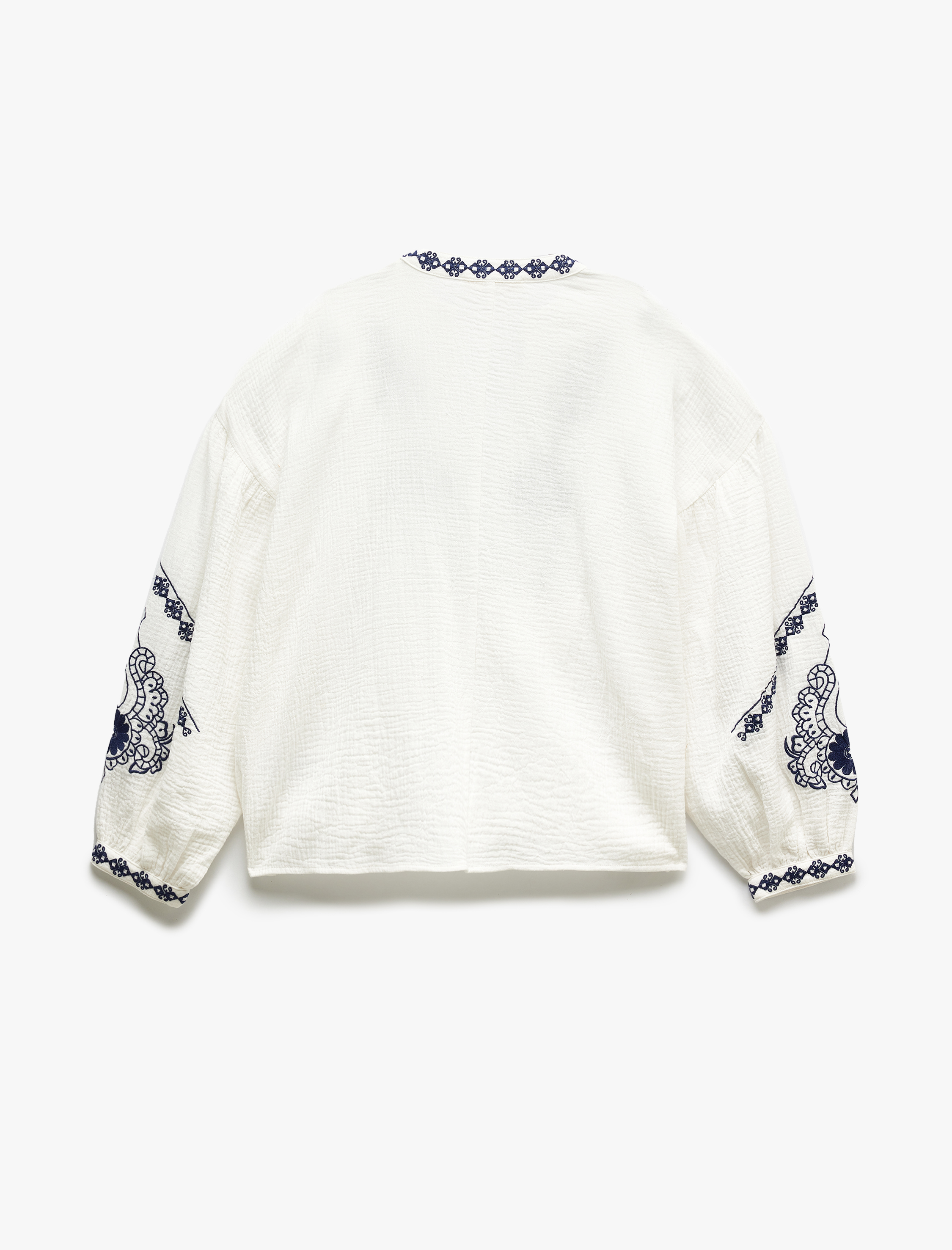 Pamuklu Etnik Desenli Nakışlı Mandarin Yaka 3/4 Balon Kol Müslin Bluz