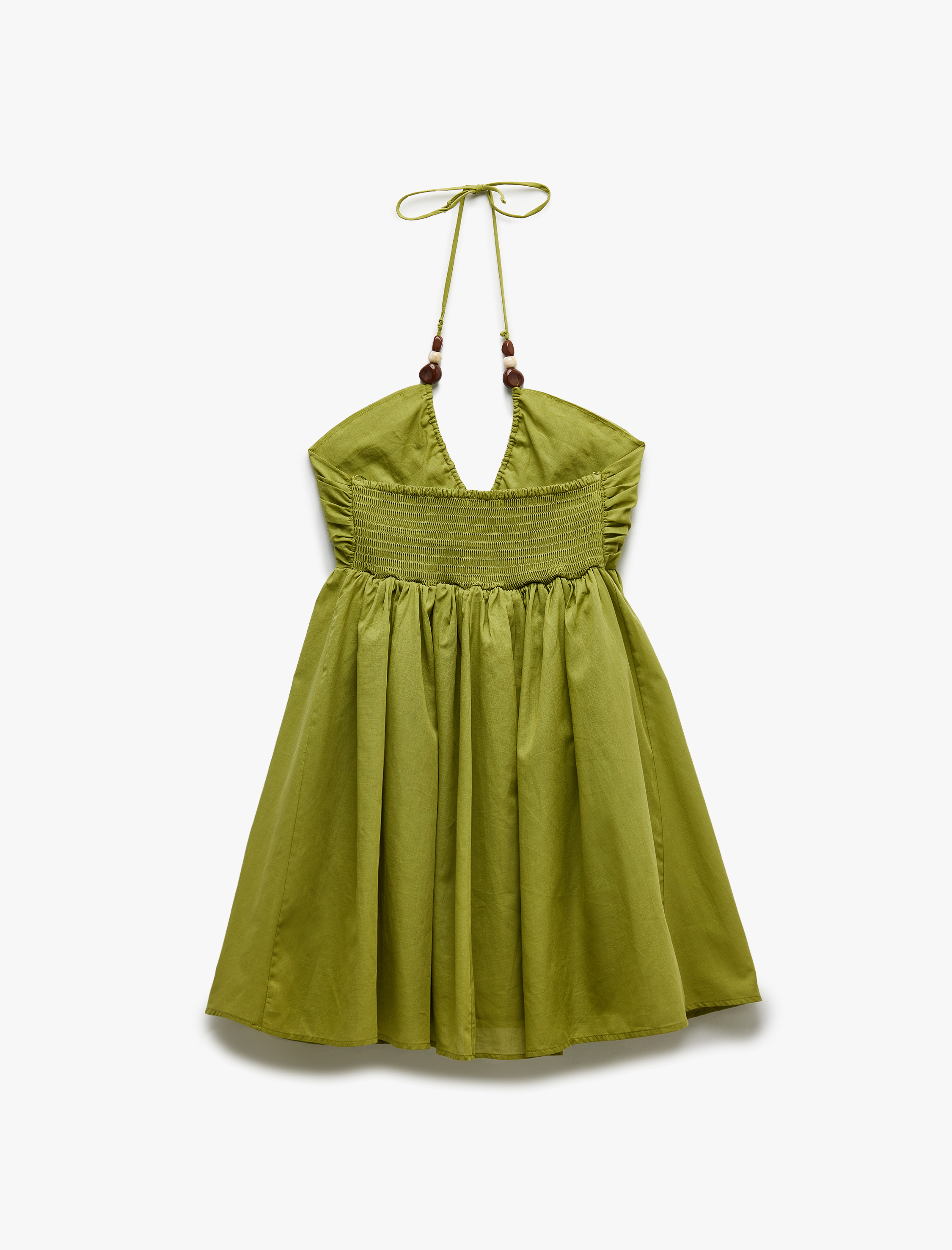 Pamuklu Boncuk Detaylı Askılı Halter Yaka Mini Plaj Elbisesi