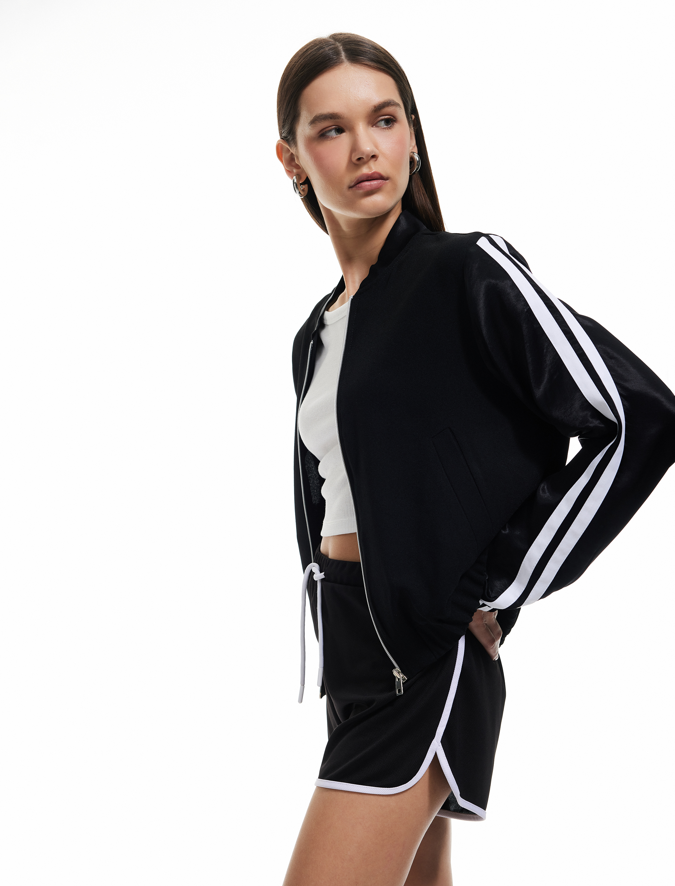   Fermuarlı Çizgili Uzun Kollu Bomber Ceket