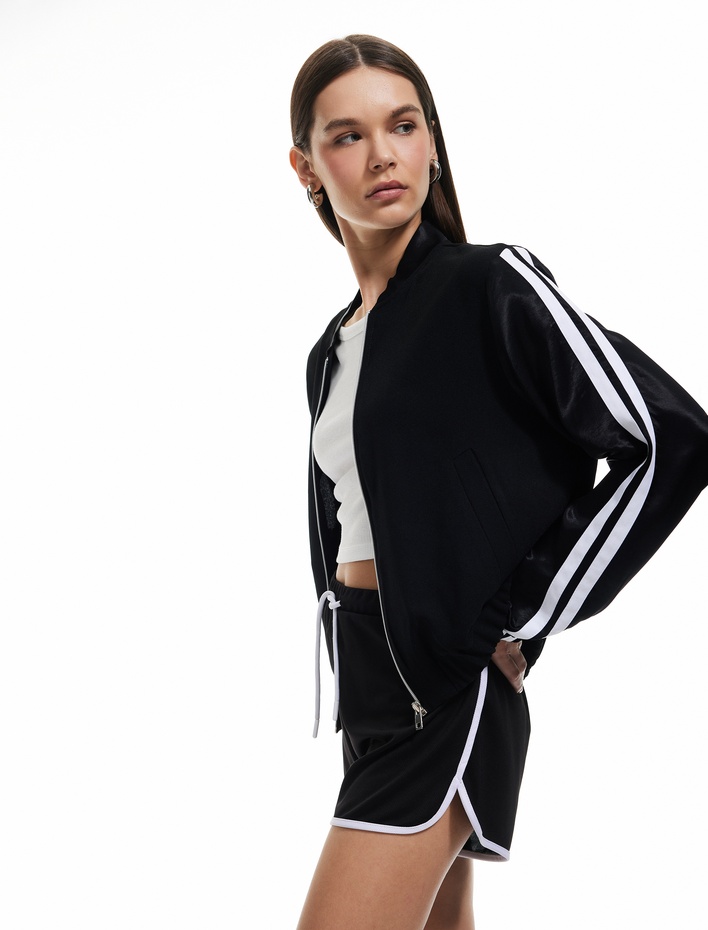  Fermuarlı Çizgili Uzun Kollu Bomber Ceket