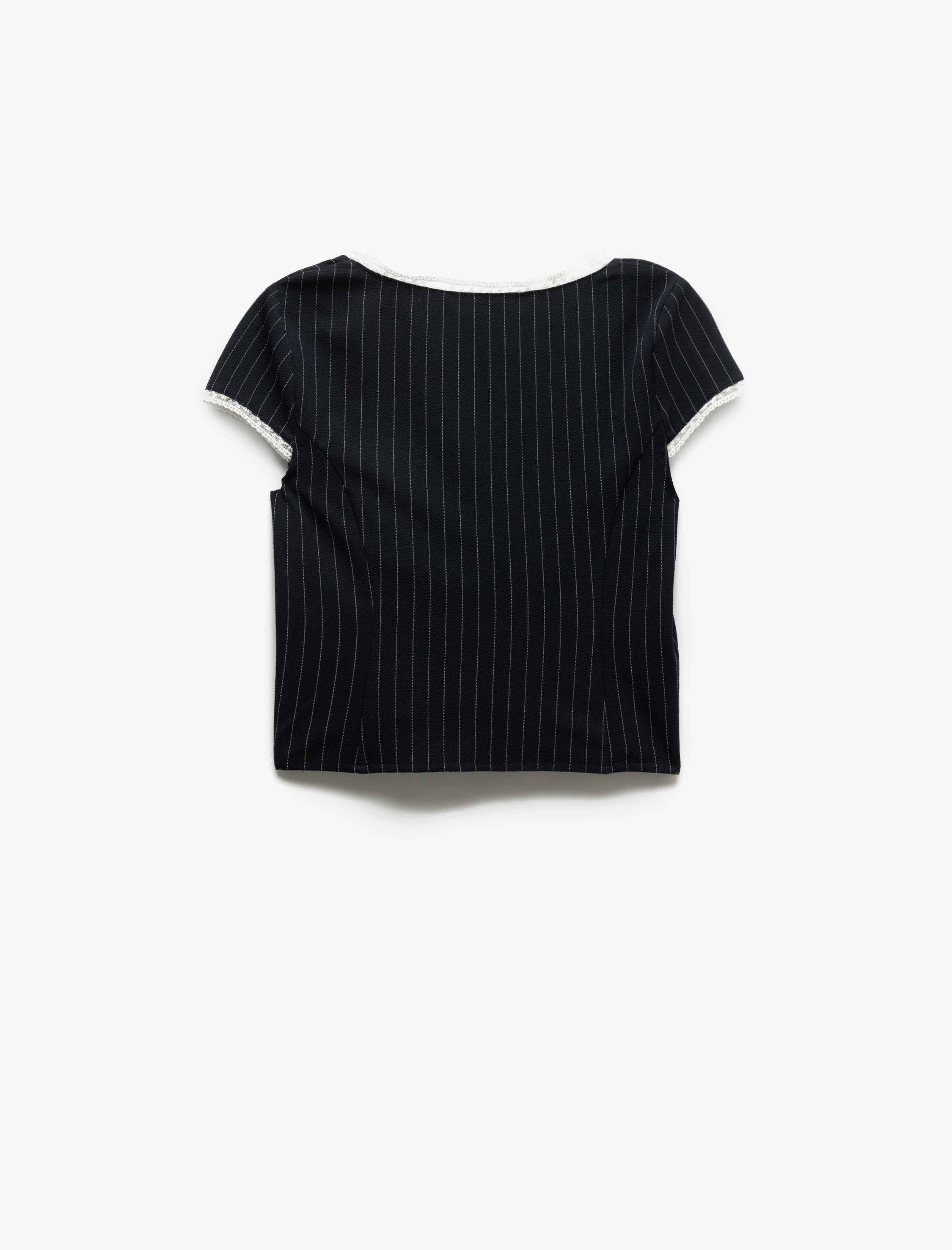 Dantel Detaylı Çizgili Kısa Kollu Slim Fit Bluz
