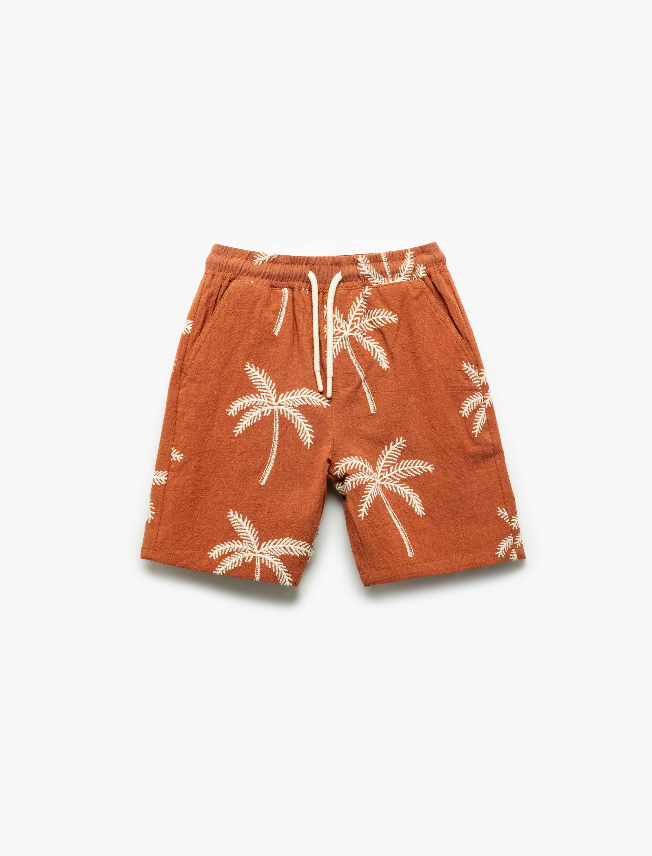  Erkek Çocuk Palmiye Nakış Detaylı Beli Bağlamalı Cepli Pamuklu Şort