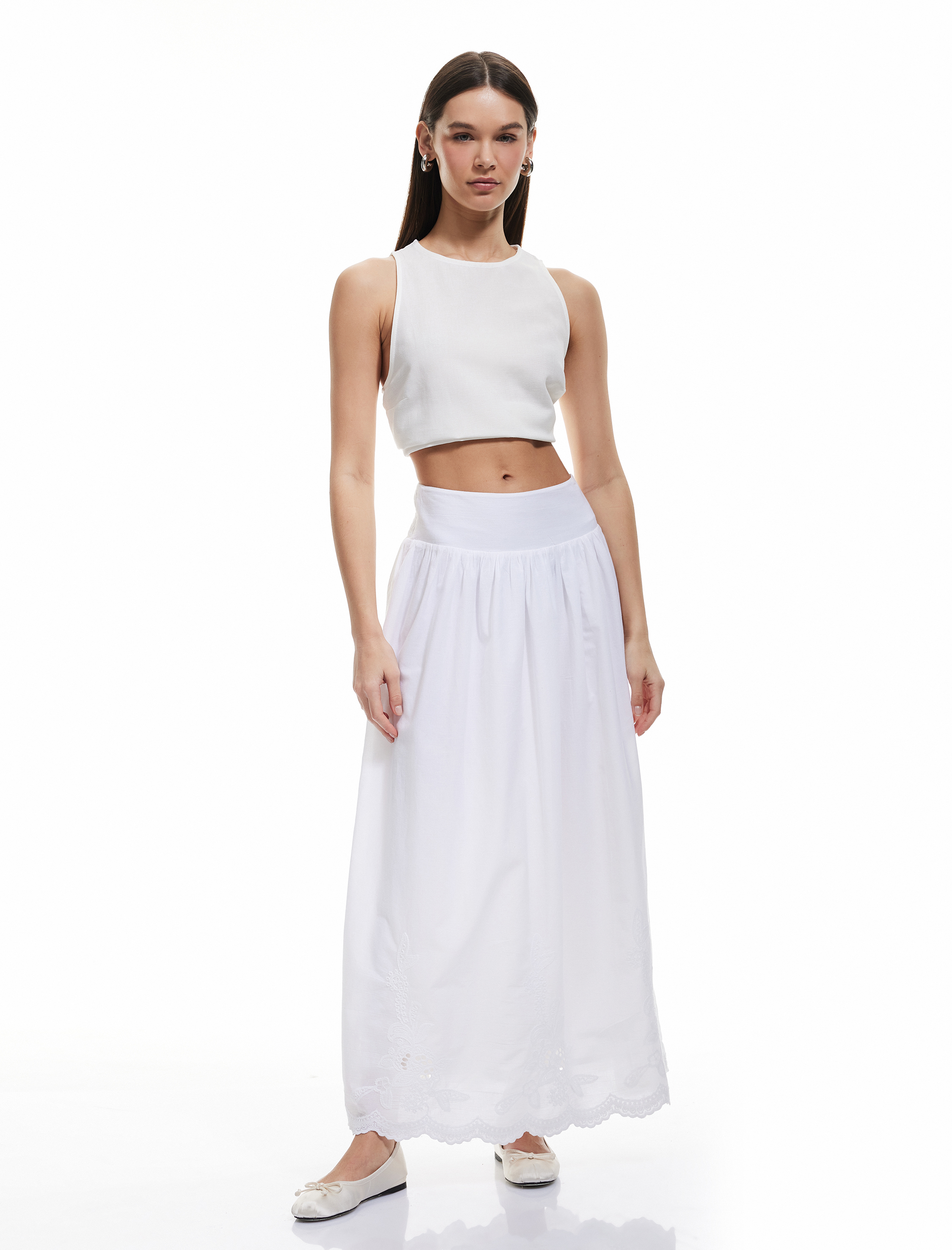   Pamuklu A Kesim Dantel Detaylı Midi Etek