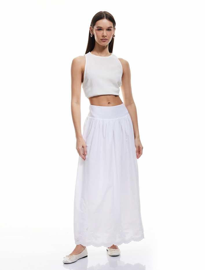  Pamuklu A Kesim Dantel Detaylı Midi Etek