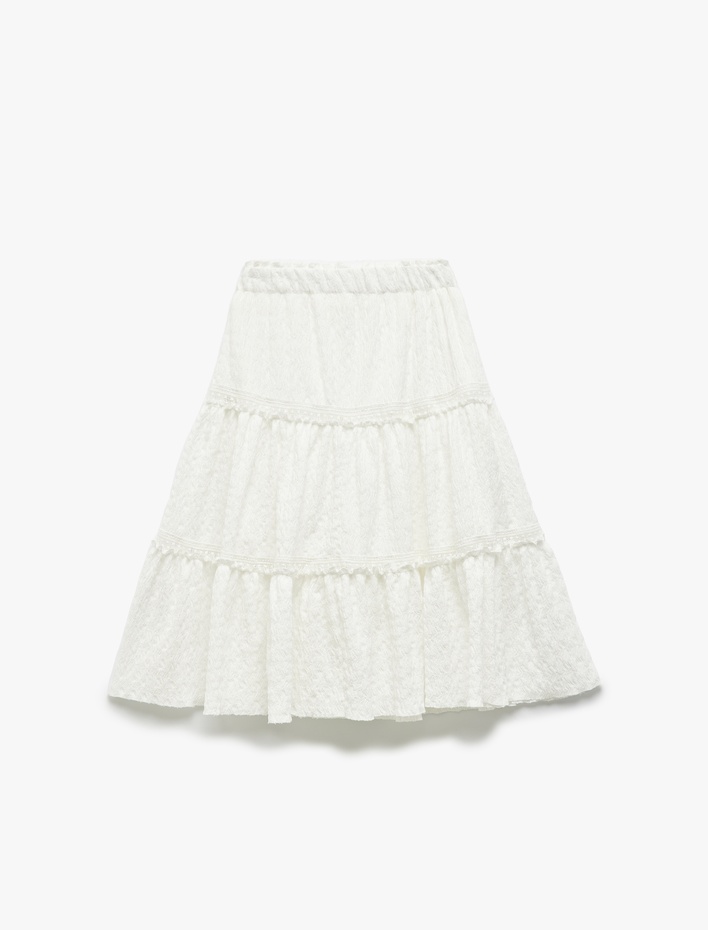 Kız Çocuk Beli Lastikli Dantel Detaylı A Kesim Katlı Midi Etek