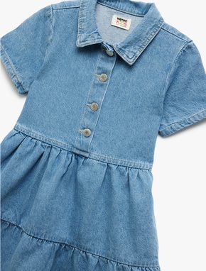 Pamuklu Kısa Kollu Gömlek Yaka Denim Elbise_2