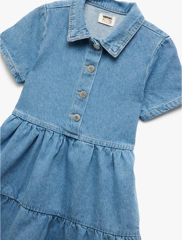 Pamuklu Kısa Kollu Gömlek Yaka Denim Elbise_2