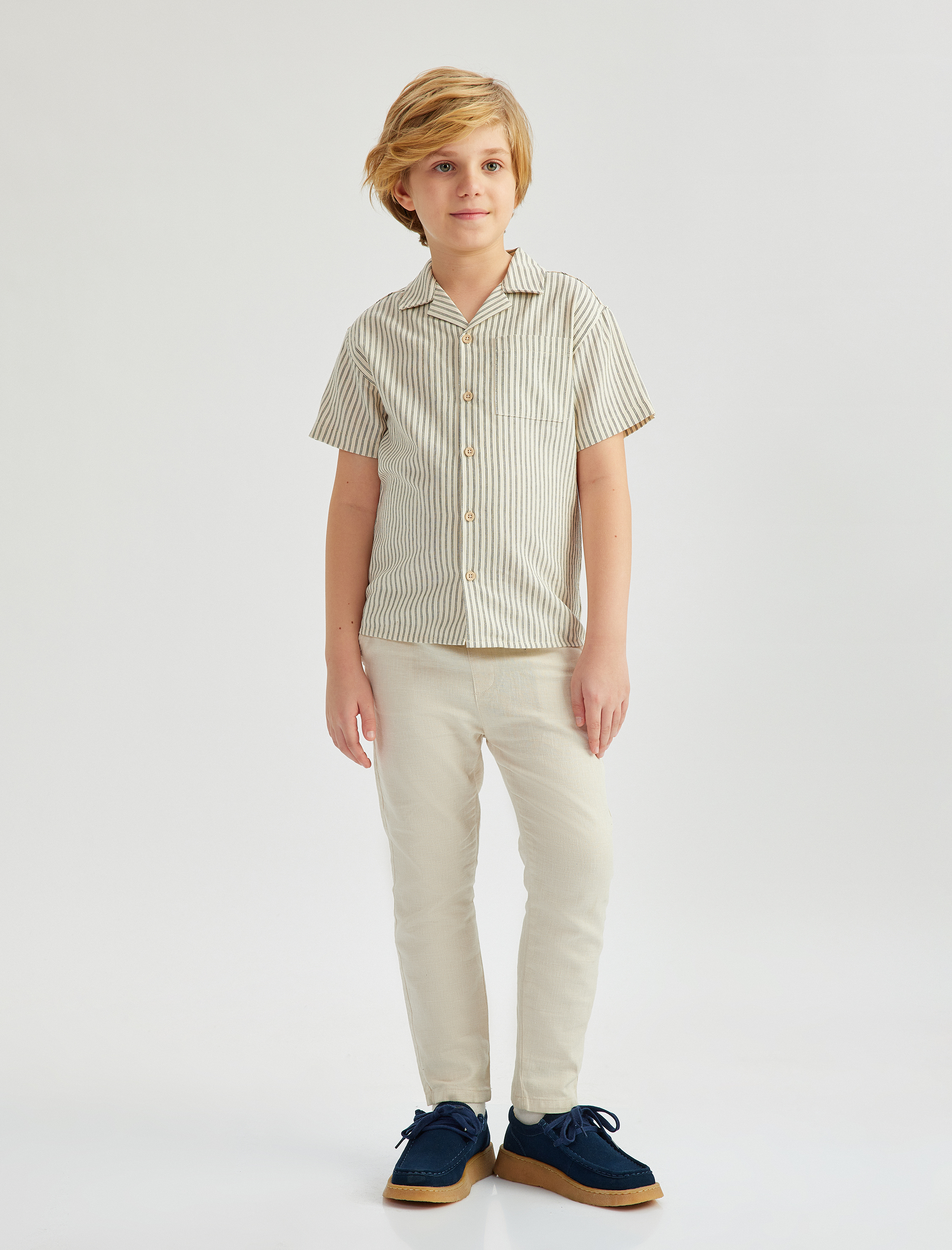  Erkek Çocuk Beli Bağcıklı Keten Karışımlı Basic Pantolon