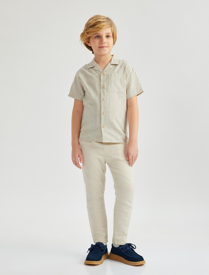 Erkek Çocuk Beli Bağcıklı Keten Karışımlı Basic Pantolon