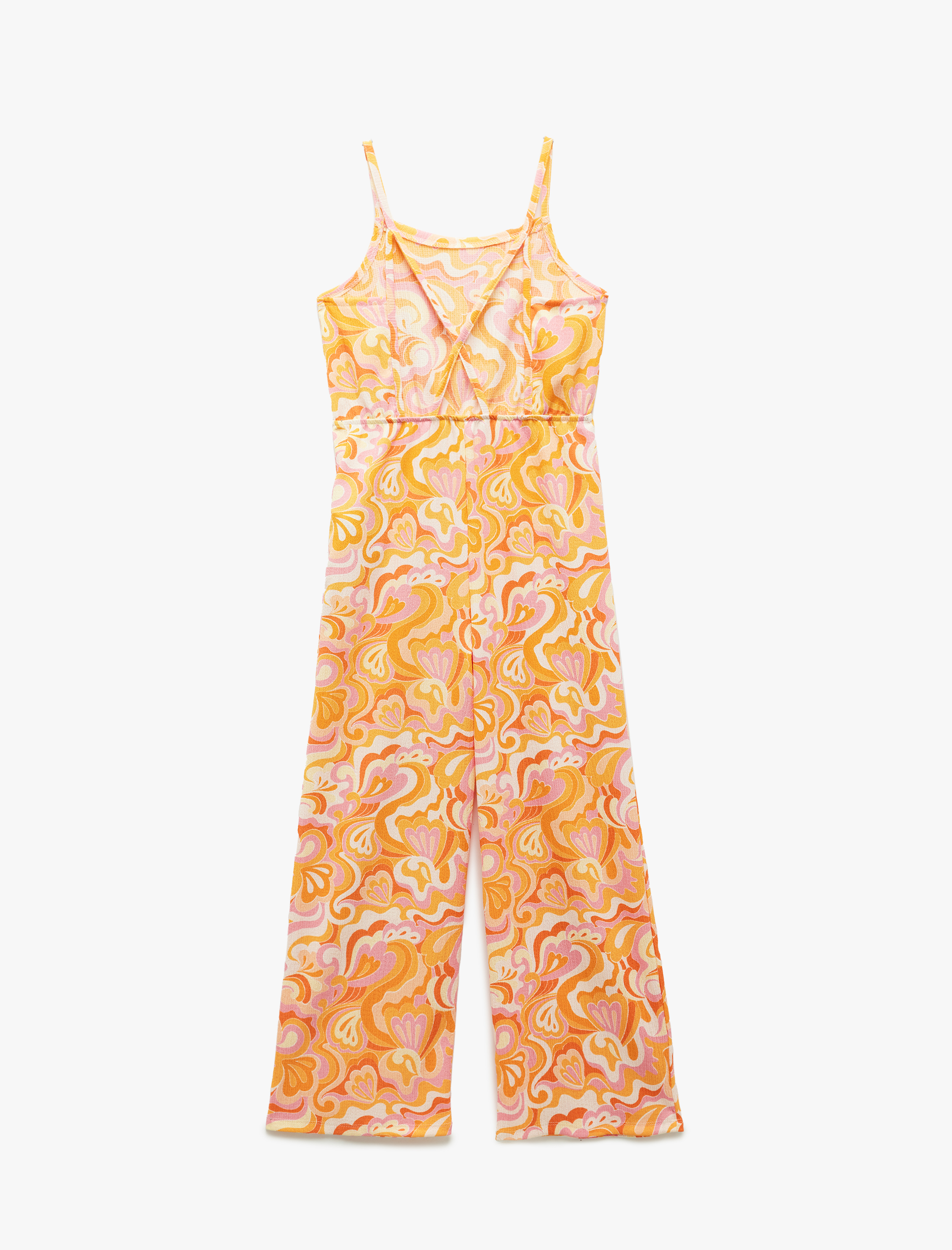  Kız Çocuk Askılı Bisiklet Yaka Kolsuz Desenli Uzun Tulum