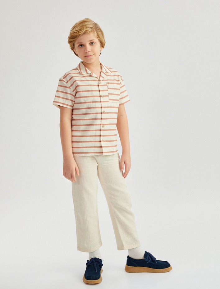 Erkek Çocuk Kısa Kollu Cep Detaylı Pamuklu Çizgili Gömlek