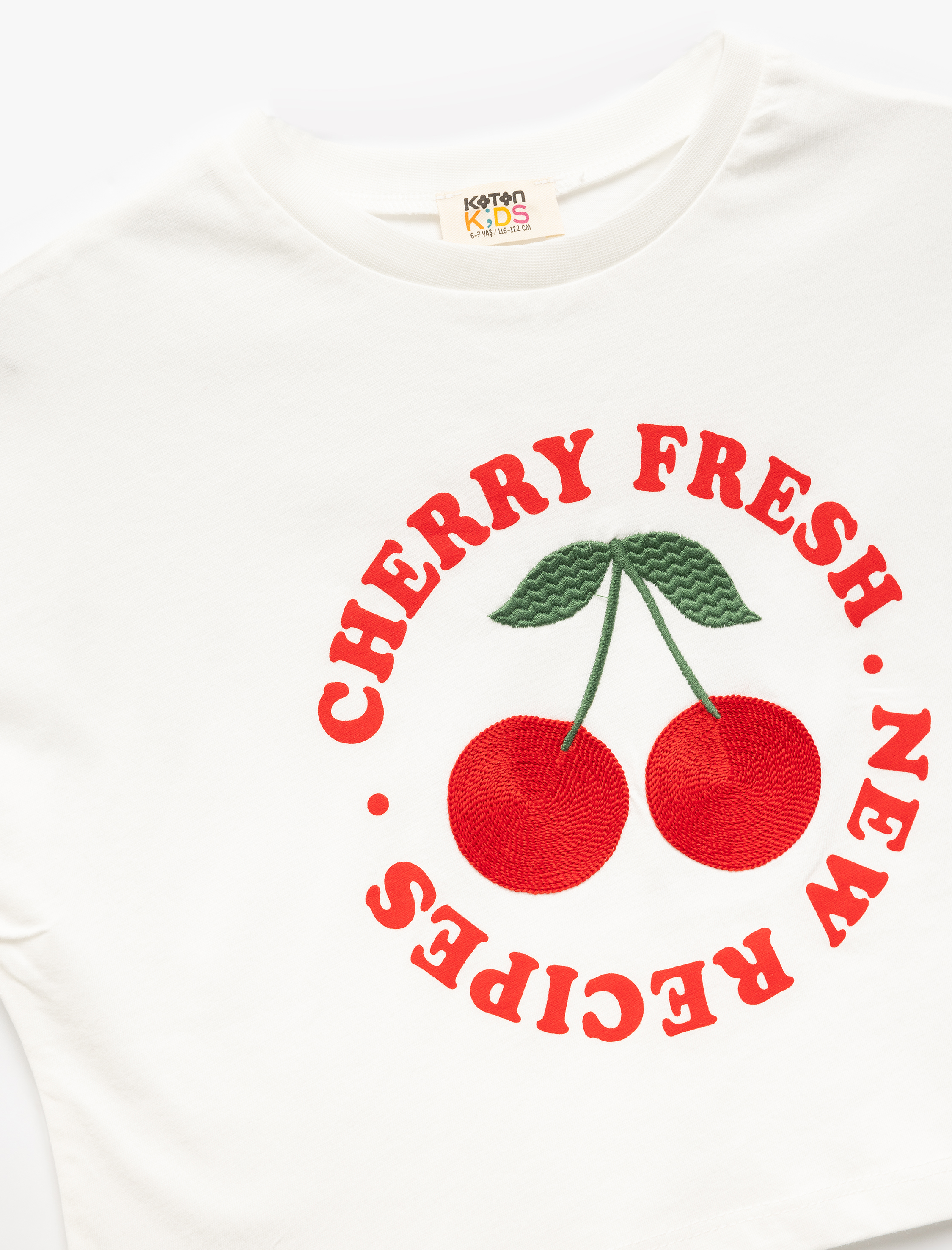  Kız Çocuk Pamuklu Kiraz Baskılı Bisiklet Yaka Kısa Kollu Tişört