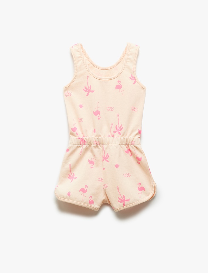Kız Bebek Flamingo Baskılı Beli Lastikli Askılı Pamuklu Tulum