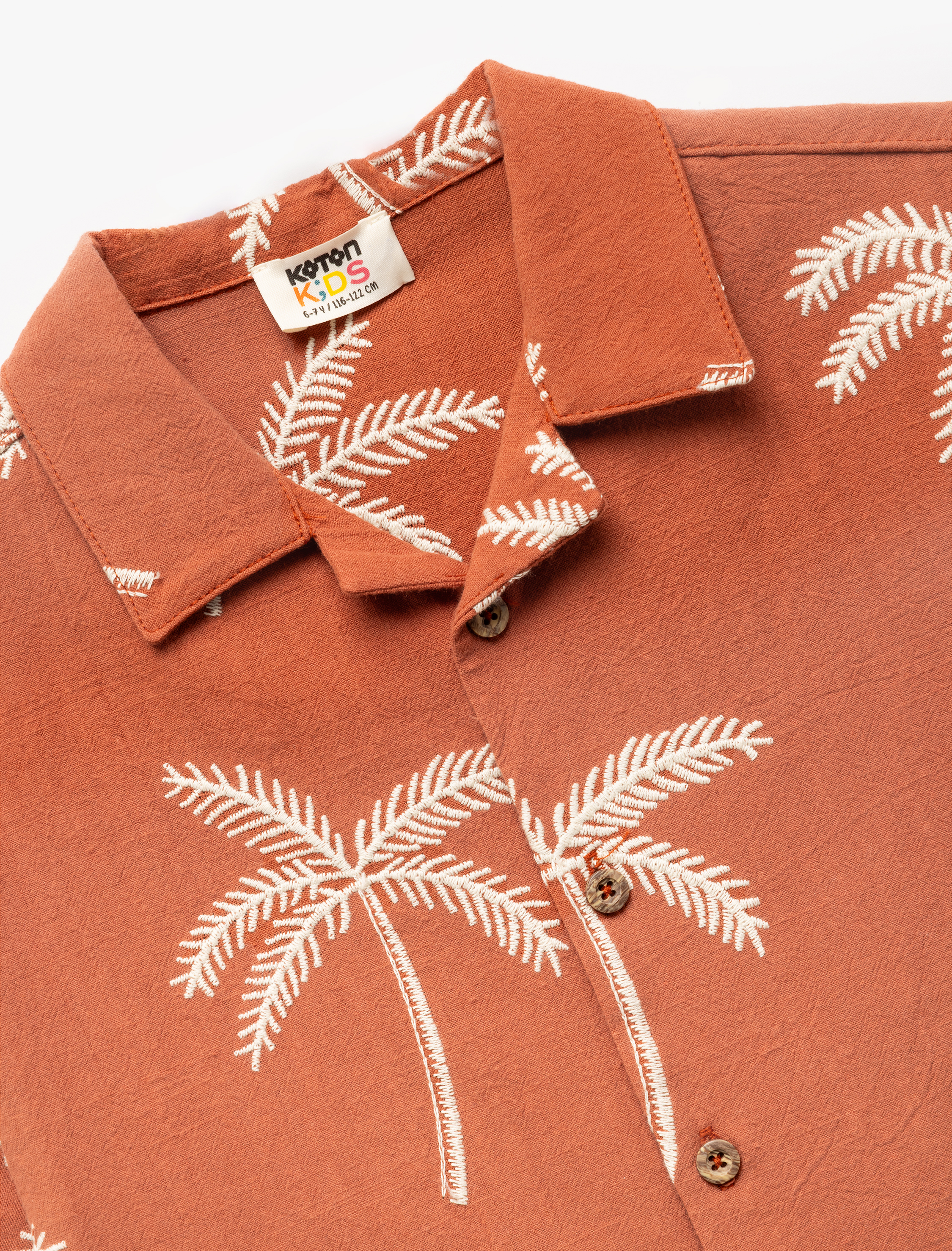  Erkek Çocuk Palmiye Nakış Detaylı Kısa Kollu Pamuklu Gömlek