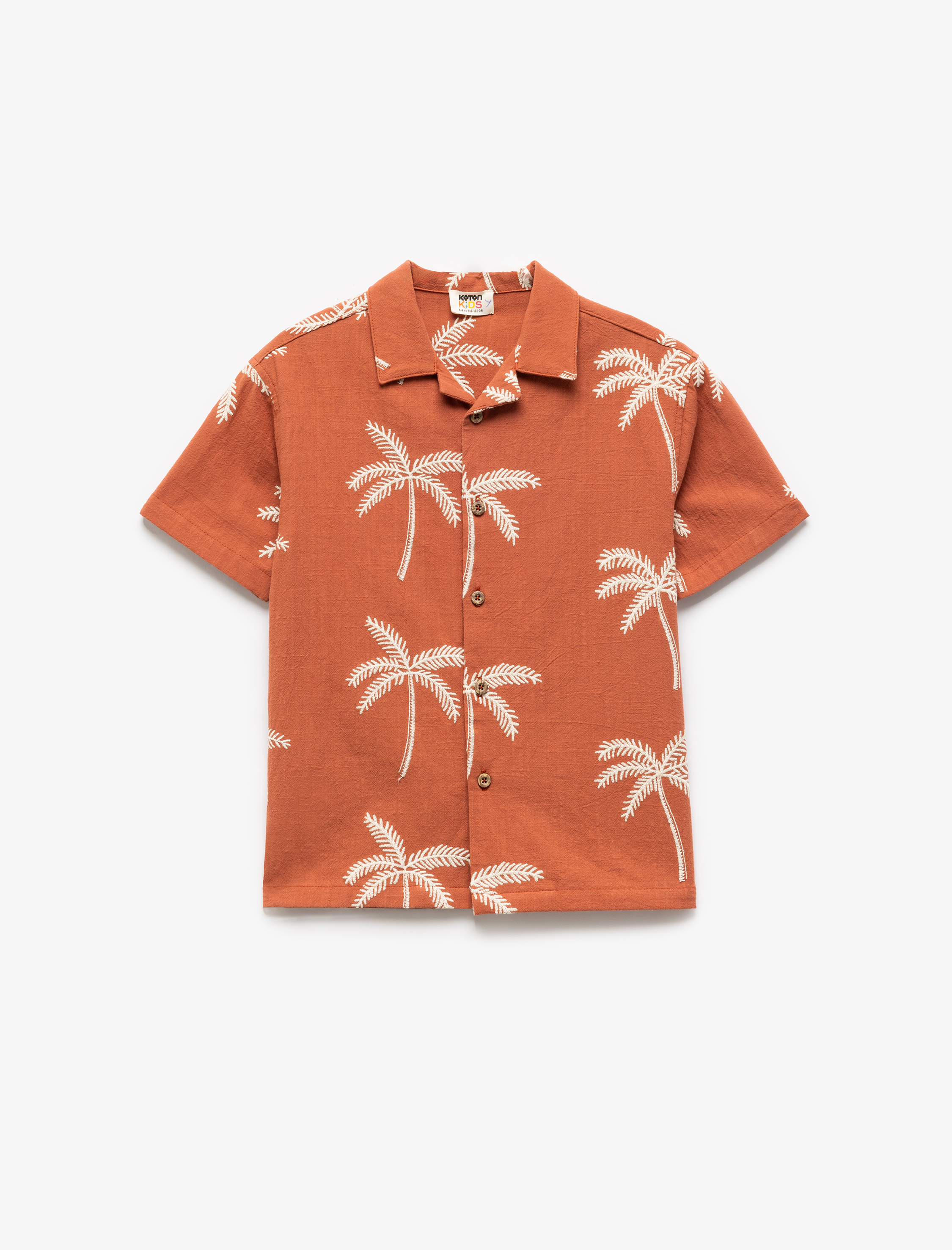  Erkek Çocuk Palmiye Nakış Detaylı Kısa Kollu Pamuklu Gömlek