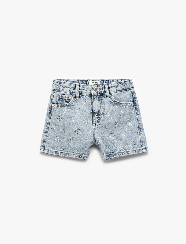Kız Çocuk Taş Detaylı Cepli Pamuklu Denim Şort