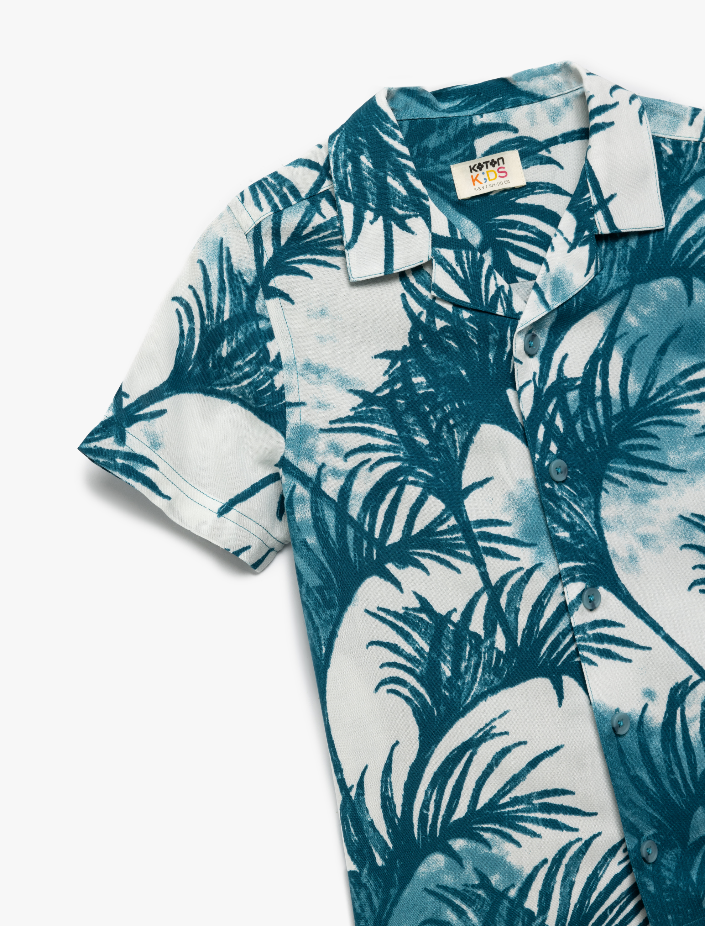  Erkek Çocuk Kısa Kollu Düğmeli Yaprak Desenli Viskon Gömlek