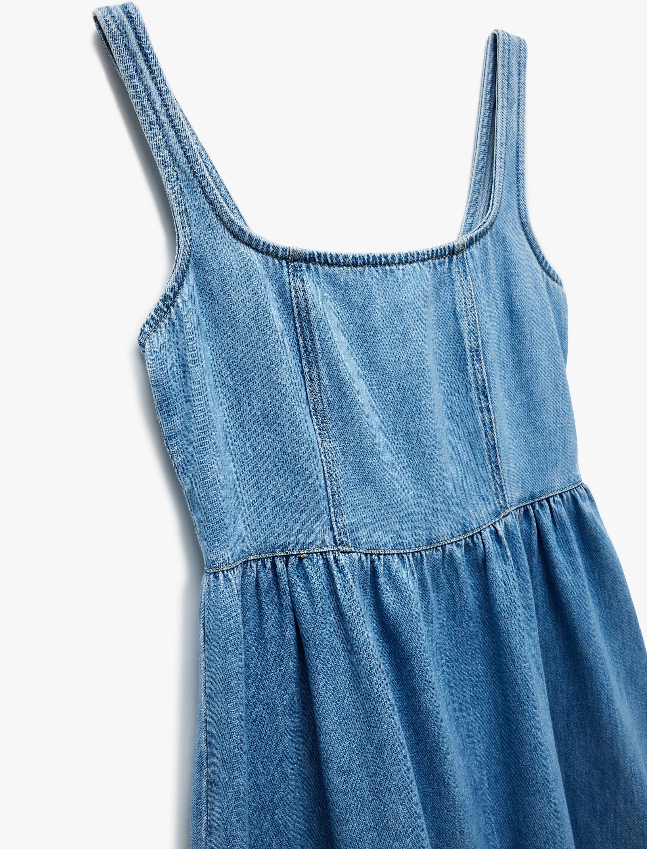 Pamuklu Kalın Askılı Fermuarlı Kare Yaka Denim Midi Elbise