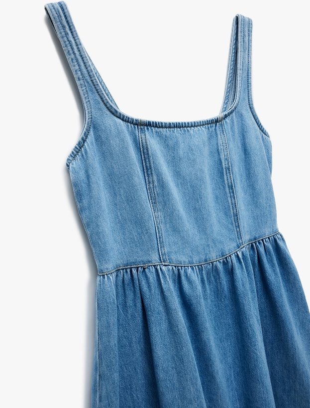 Pamuklu Kalın Askılı Fermuarlı Kare Yaka Denim Midi Elbise_4