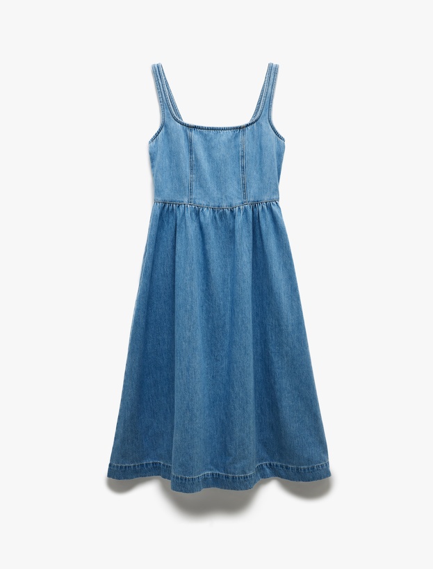 Pamuklu Kalın Askılı Fermuarlı Kare Yaka Denim Midi Elbise_2