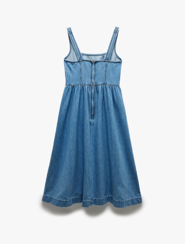 Pamuklu Kalın Askılı Fermuarlı Kare Yaka Denim Midi Elbise_3
