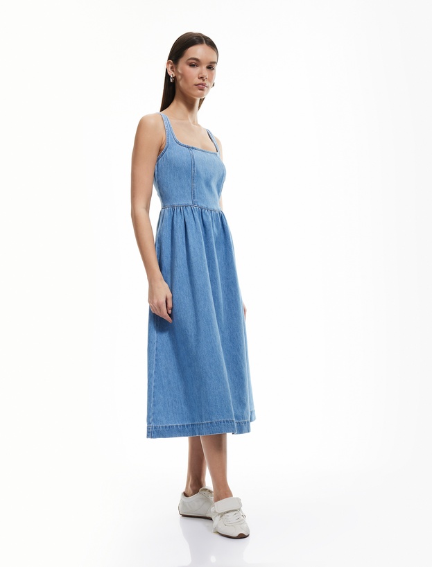 Pamuklu Kalın Askılı Fermuarlı Kare Yaka Denim Midi Elbise_0