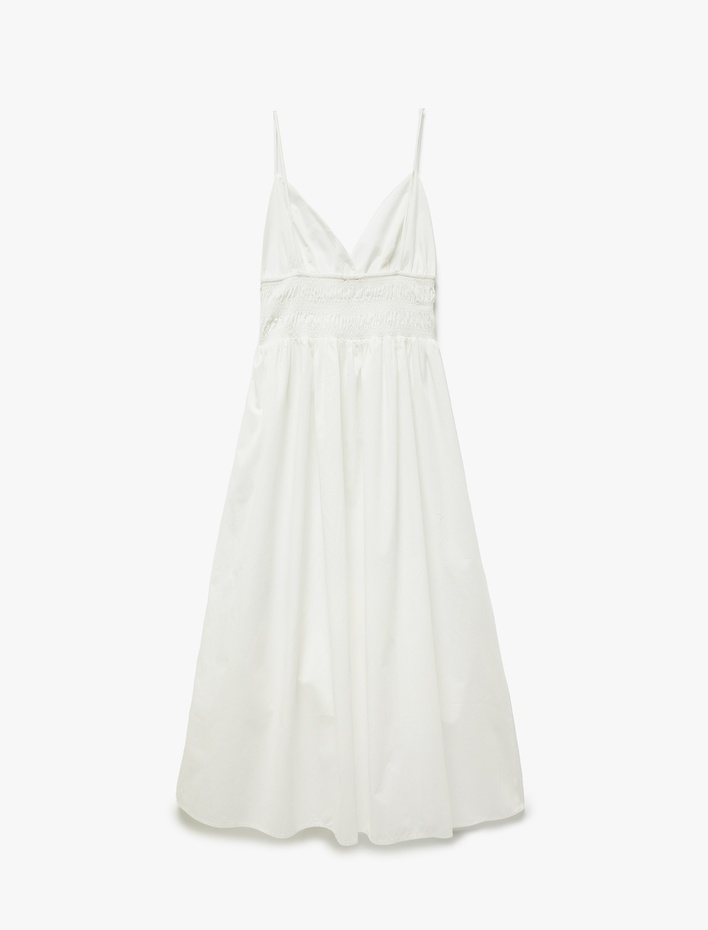  Pamuklu V Yaka Yanları Bağlamalı Gipeli Uzun Askılı Plaj Elbisesi