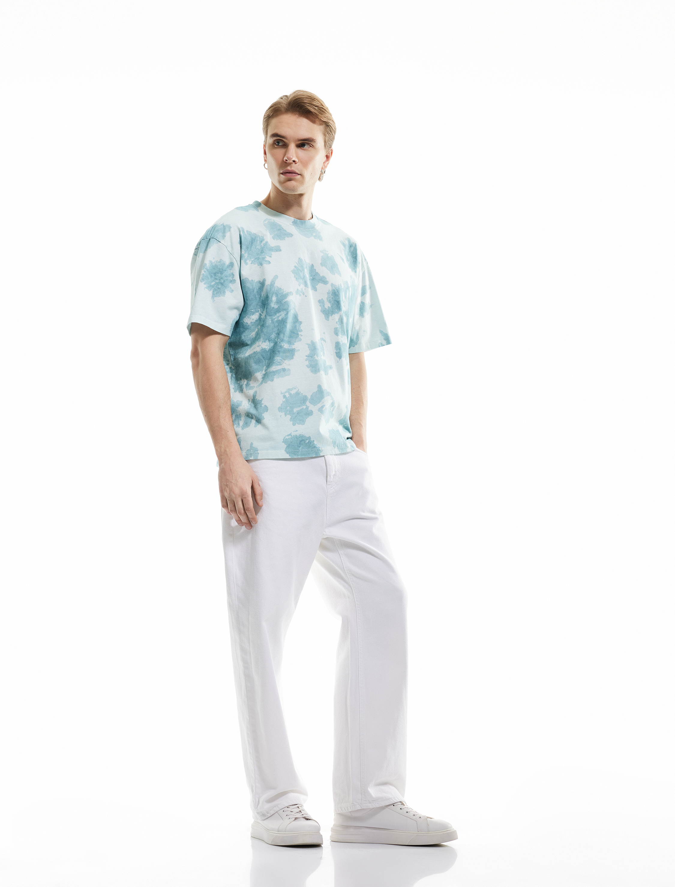   Pamuklu Desenli Kısa Kollu Yıkamalı Oversize Tişört