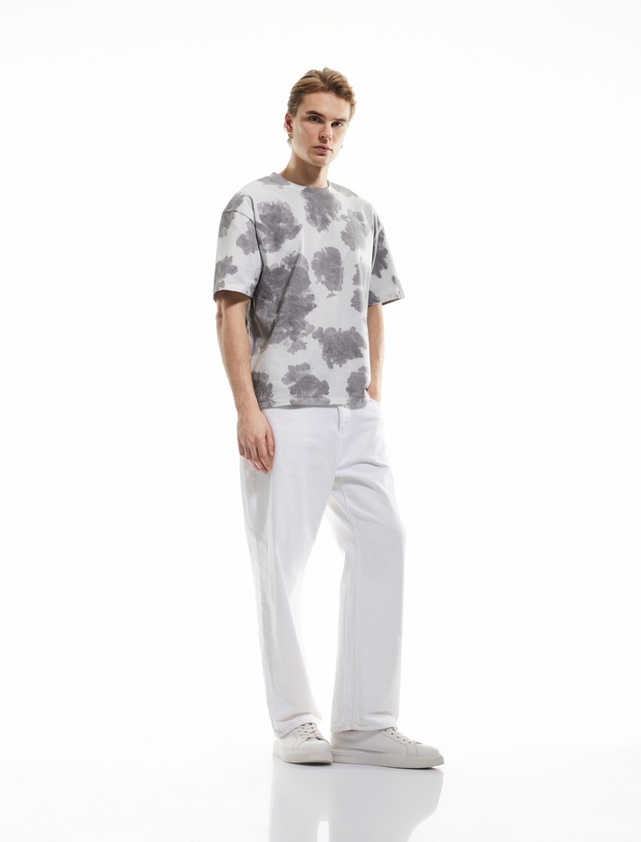  Pamuklu Desenli Kısa Kollu Yıkamalı Oversize Tişört