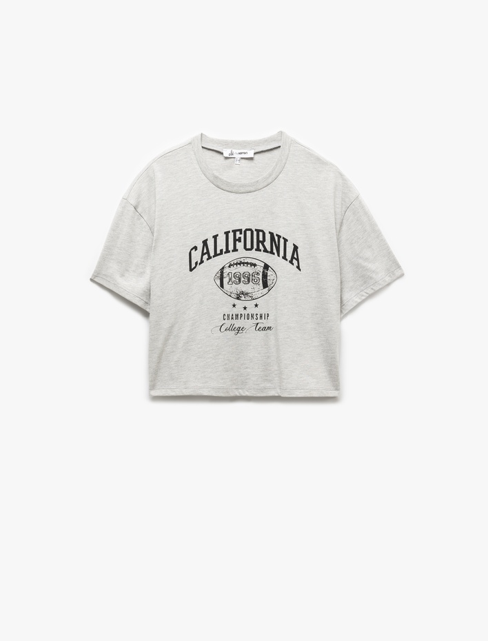  Kısa Kollu Baskılı Viskon Karışımlı Rahat Kesim Crop Tişört