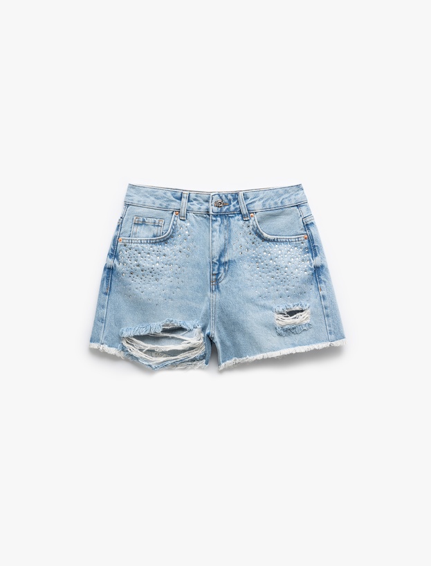Taşlı Yıpratılmış Düğmeli Cepli Mini Denim Şort_3