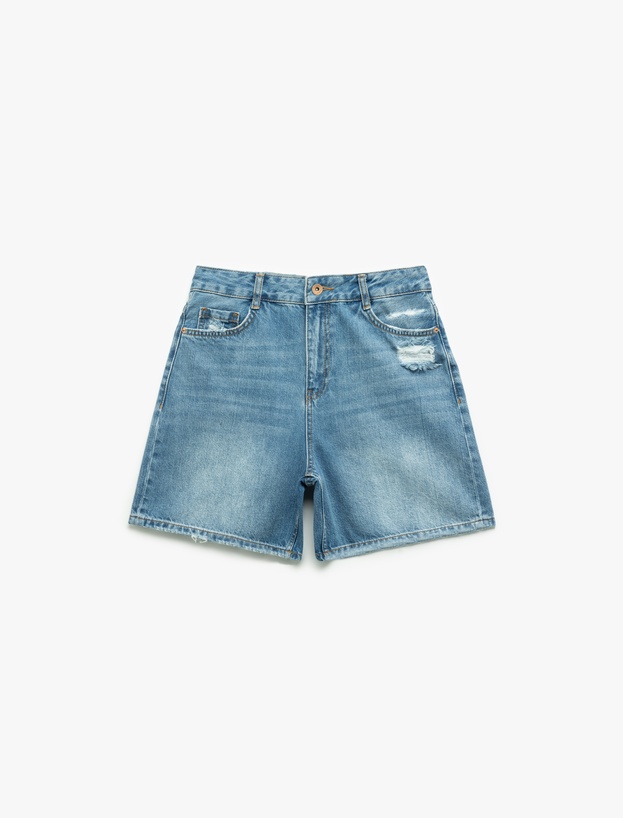 Pamuklu Relax Fit Düğmeli Cepli Denim Şort_3