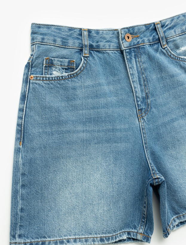 Pamuklu Relax Fit Düğmeli Cepli Denim Şort_6