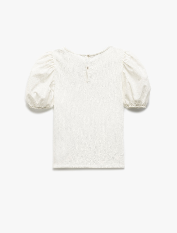 Kız Çocuk Balon Kollu Bisiklet Yaka Brodeli Basic Bluz