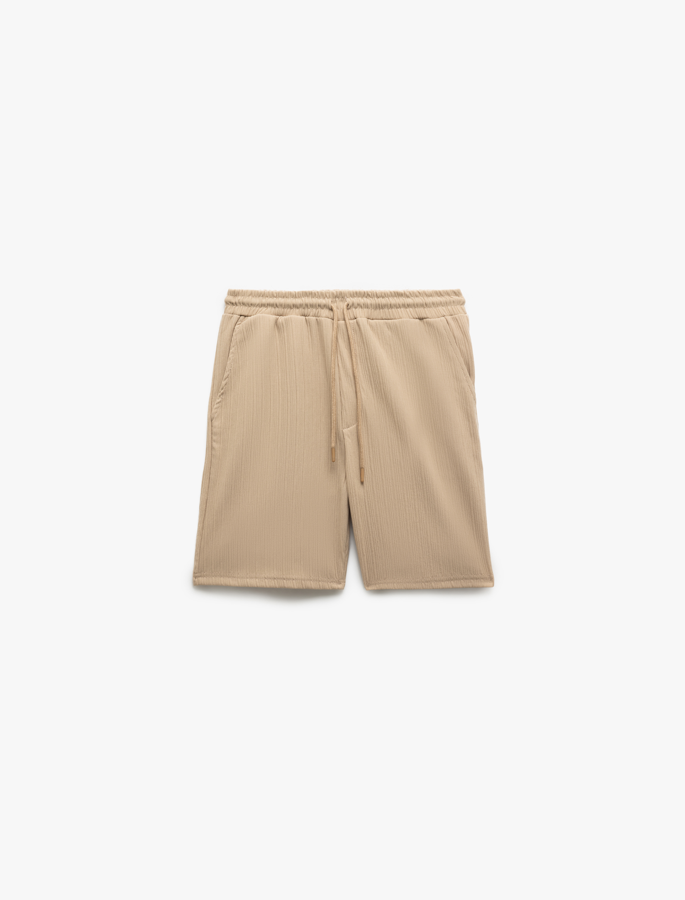 Cep Detaylı Dokulu Beli Bağcıklı Şort