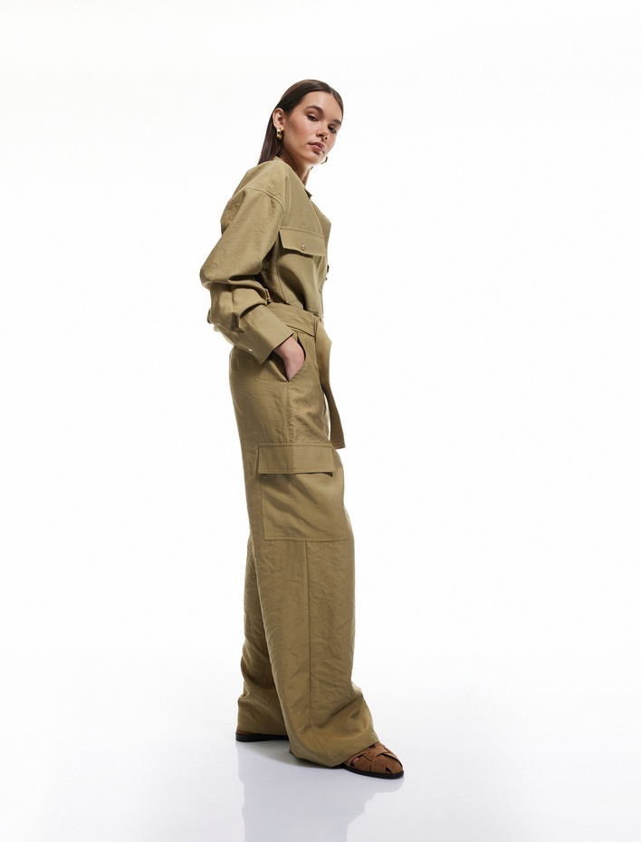  Modal Karışımlı Cep Detaylı Geniş Paça Gabardin Kargo Pantolon